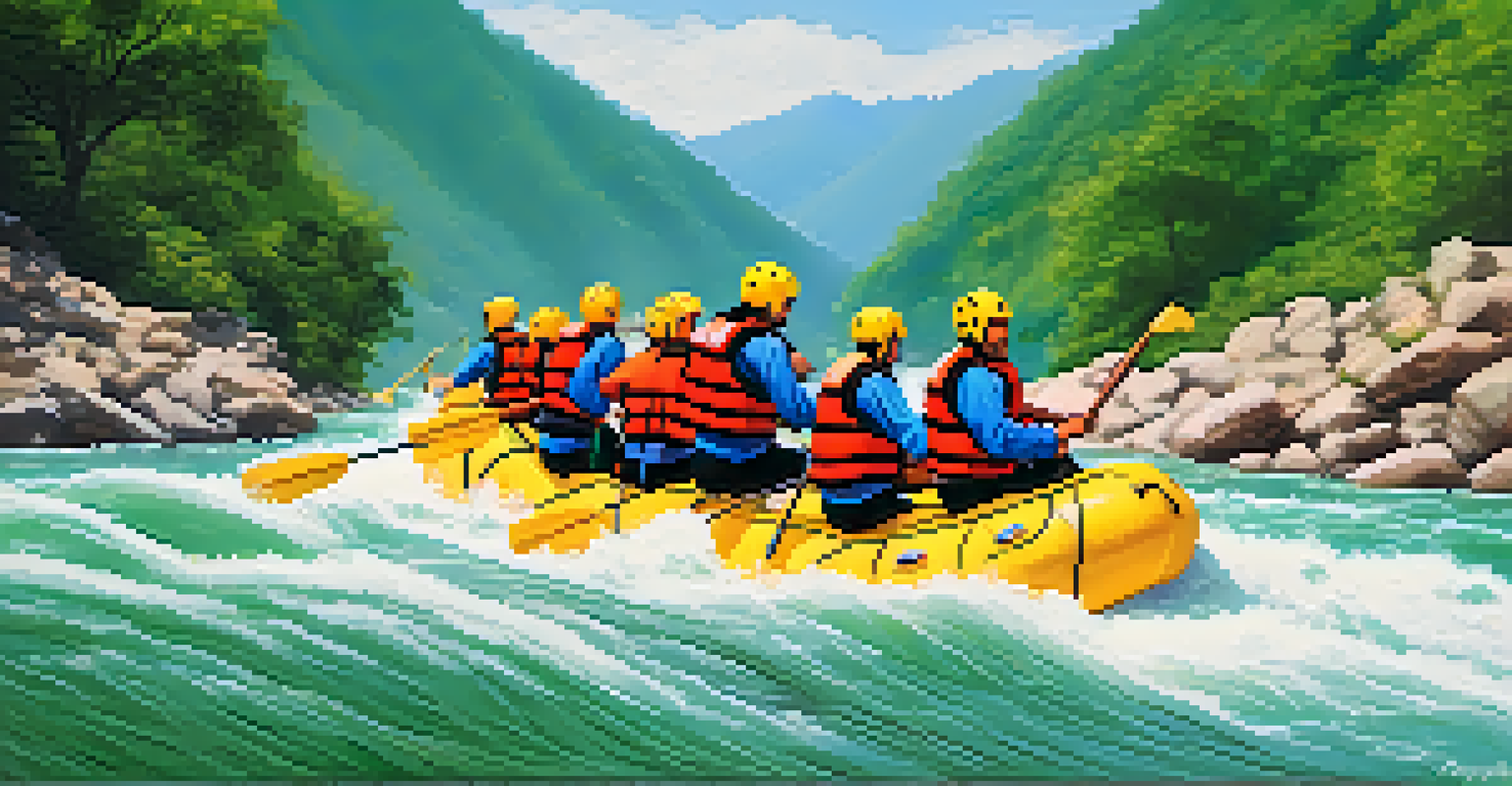 A family rafting in the Ganges River, navigating rapids with smiles and excitement, surrounded by lush green hills.