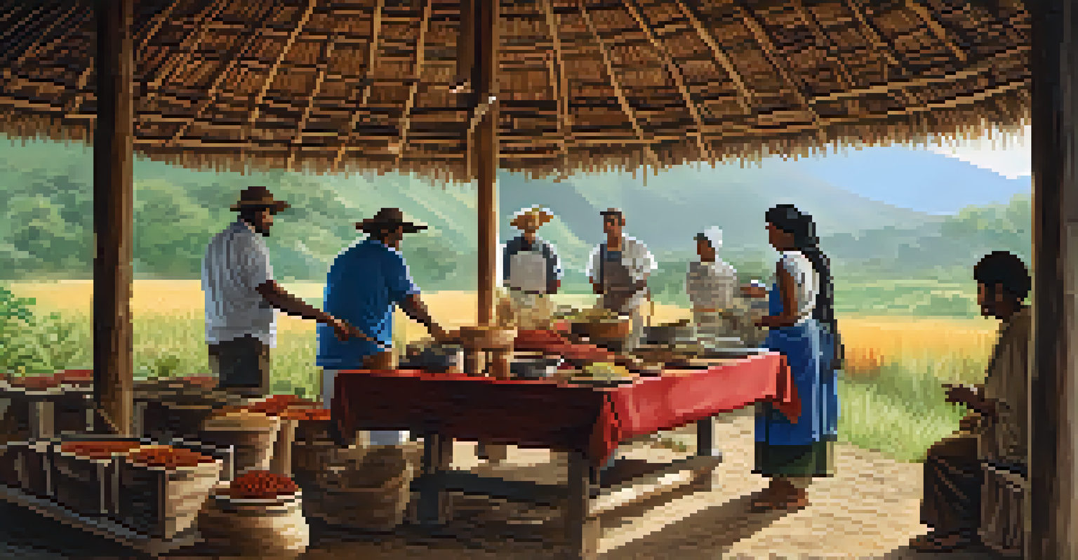 A local farmer sharing cooking stories with visitors, surrounded by spices and fresh produce in a rustic outdoor setting.