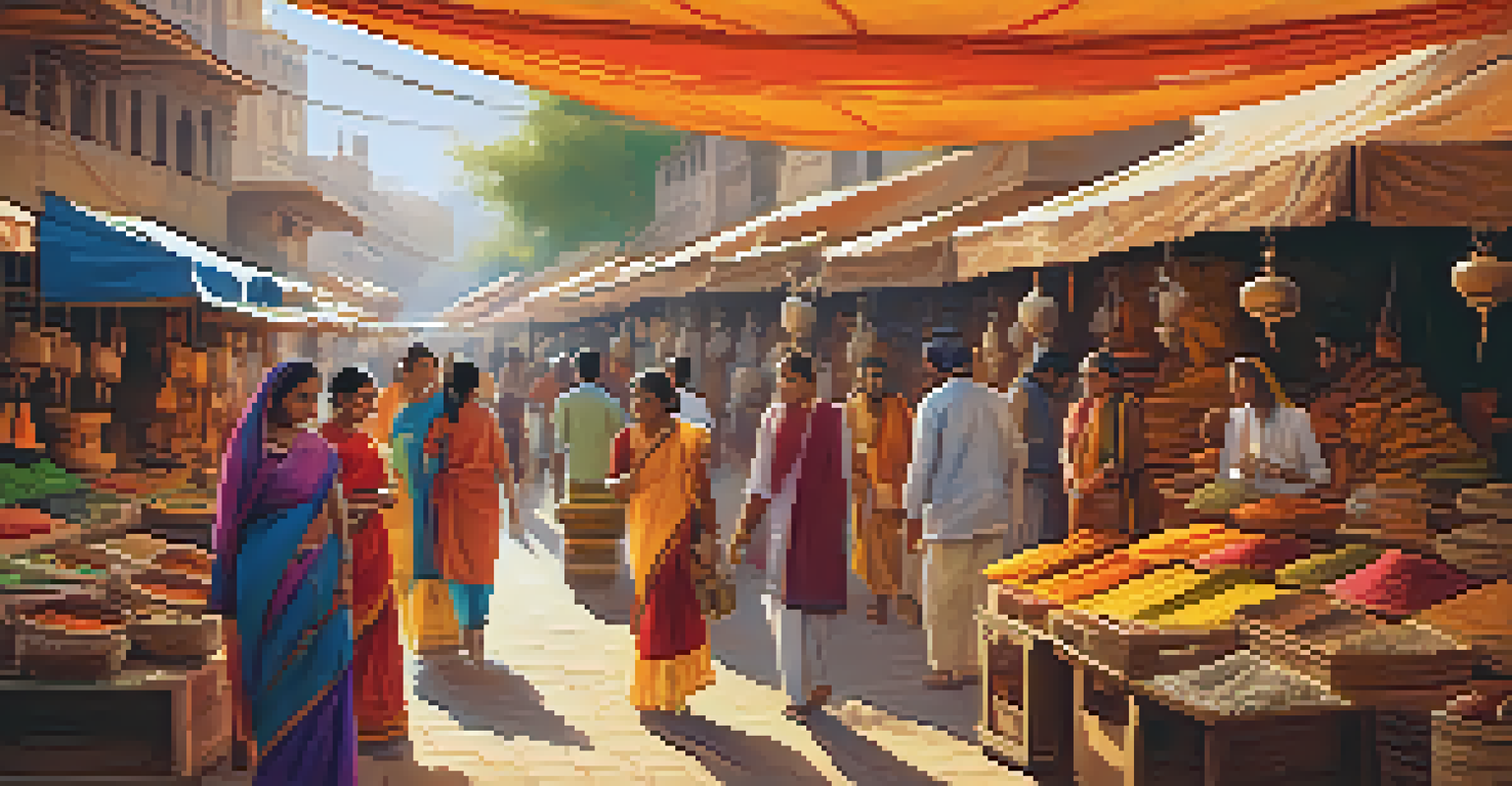 A bustling marketplace displaying Indian handicrafts with colorful stalls and people shopping.