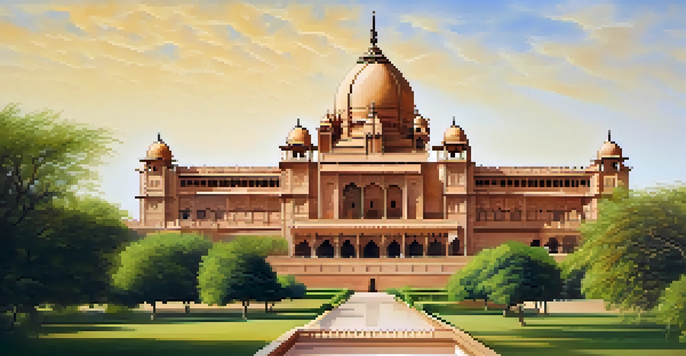 A grand palace in Jodhpur with golden sandstone architecture set against a desert backdrop and surrounded by greenery.