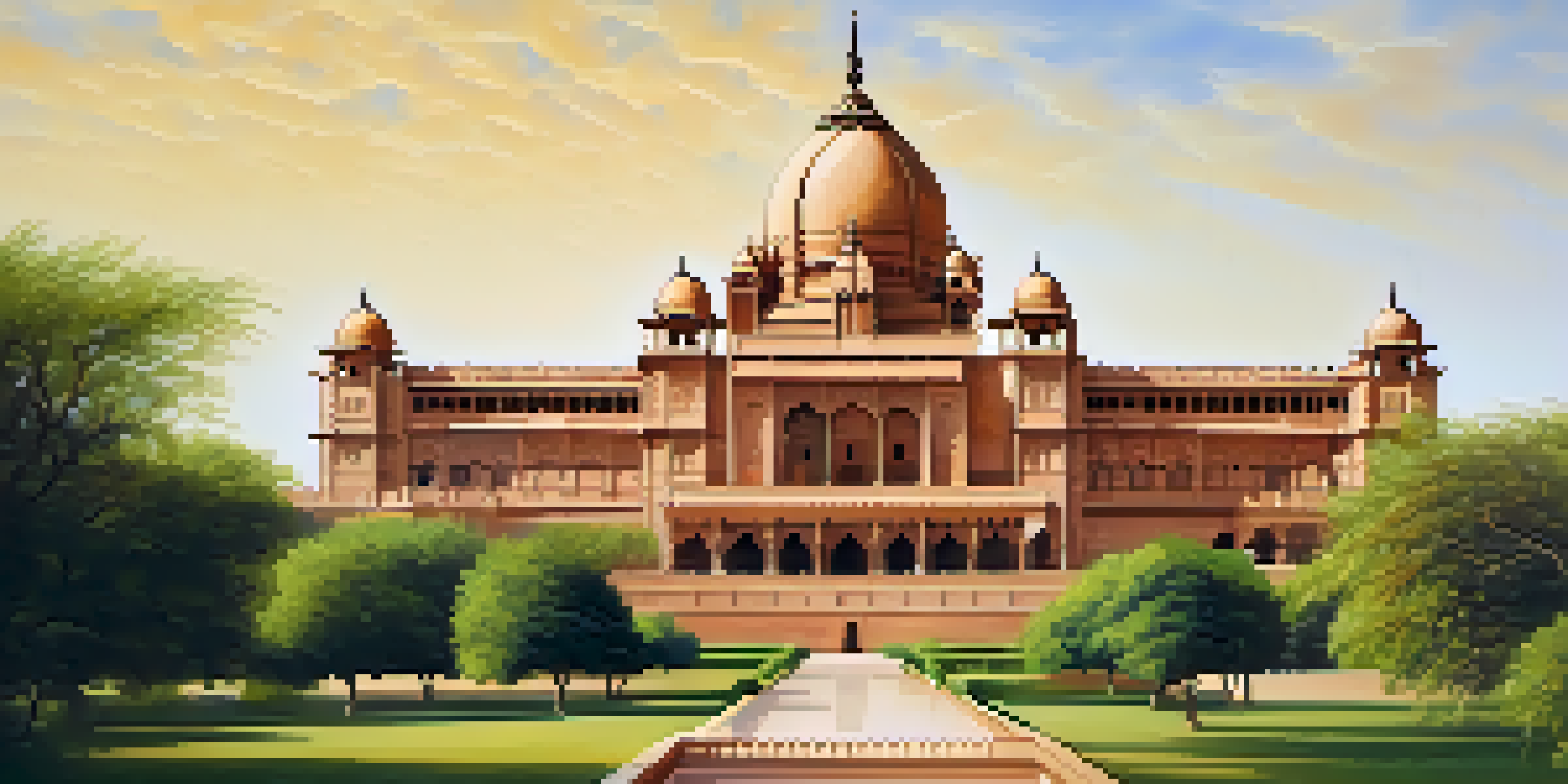 A grand palace in Jodhpur with golden sandstone architecture set against a desert backdrop and surrounded by greenery.