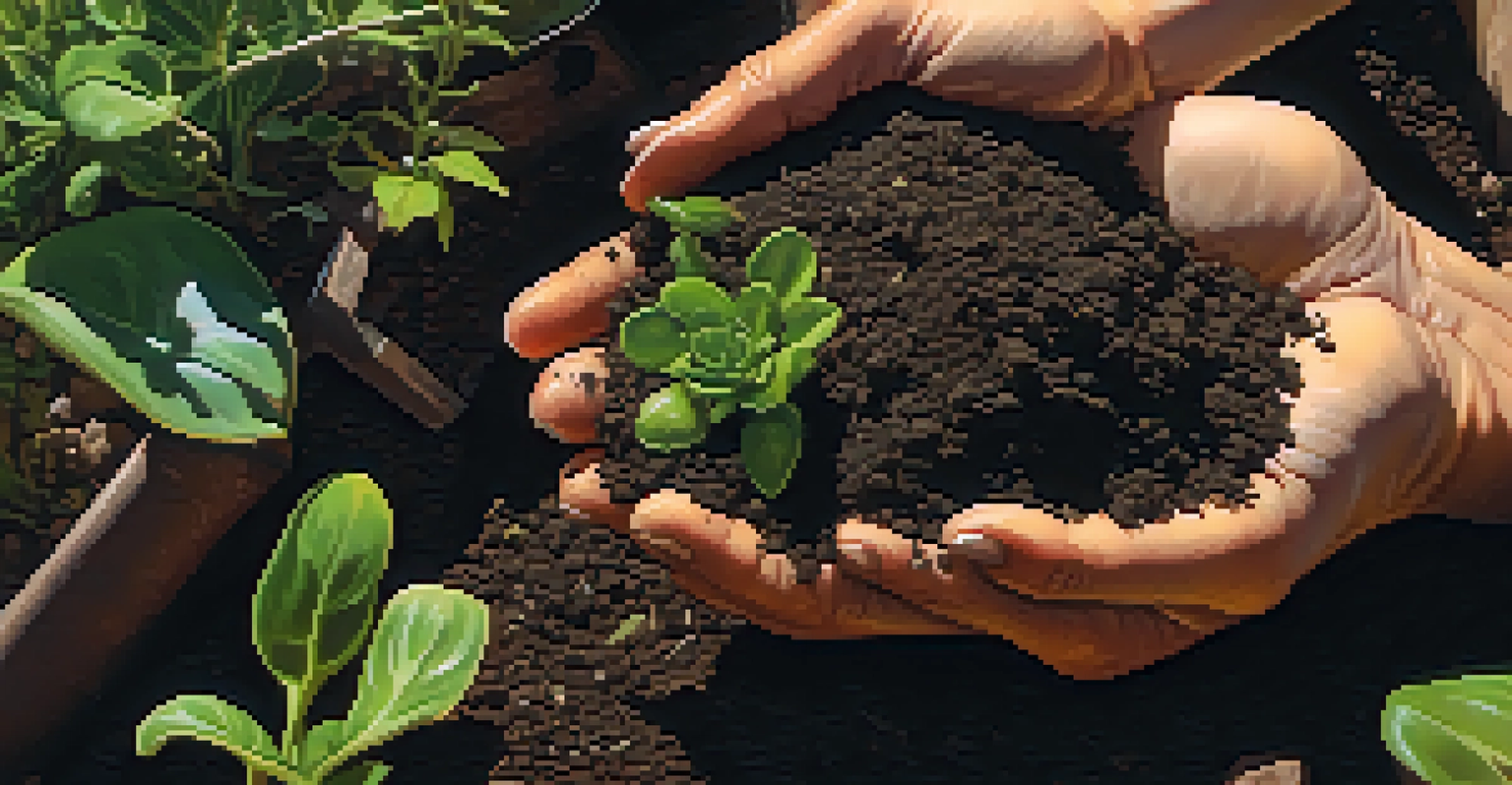 Close-up of hands mixing organic compost in a garden, surrounded by lush green plants, with warm sunlight illuminating the scene.