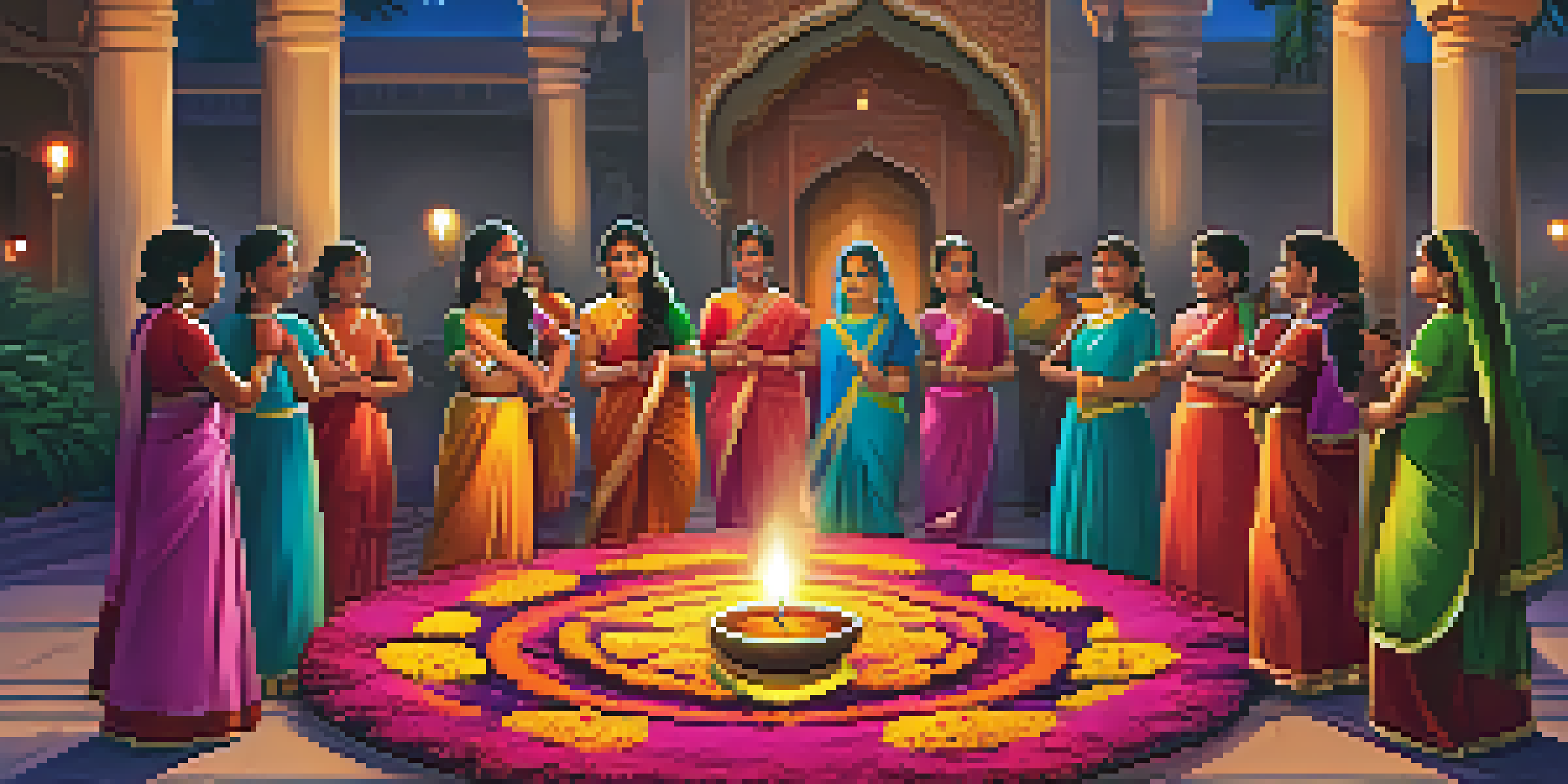 A lively Diwali celebration with families, oil lamps, rangoli, fireworks, and children in traditional attire.