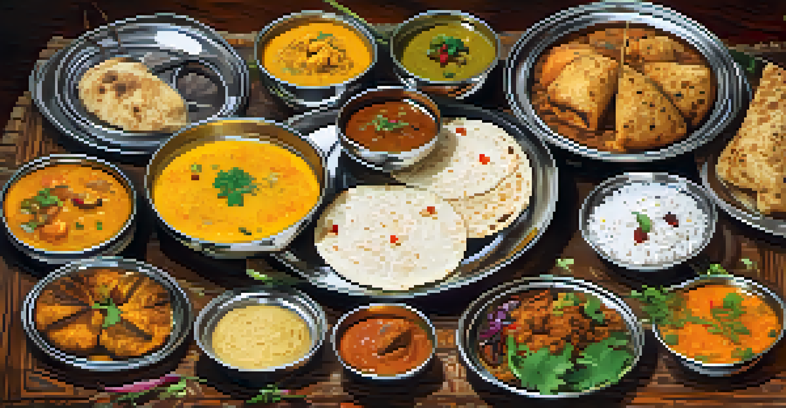 A traditional Indian thali with various colorful dishes arranged on a wooden table.