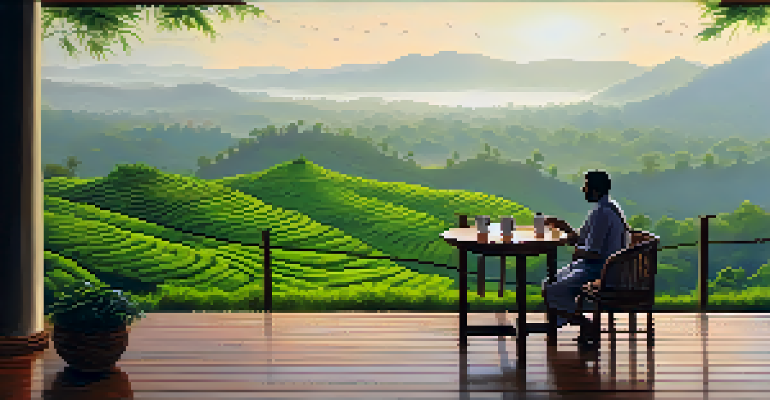 A coffee lover enjoying a cup of coffee on a terrace overlooking lush coffee plantations in Wayanad, with a misty landscape in the background.