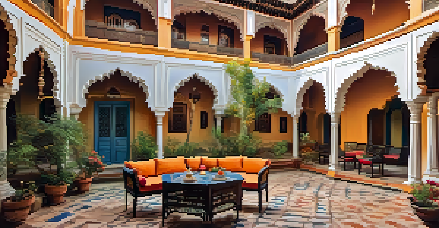 A beautiful courtyard with frescoes and traditional architecture, surrounded by colorful flowers and cozy seating.