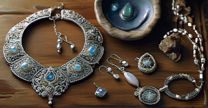 A close-up of a handcrafted silver necklace on a wooden table, showcasing intricate designs and semi-precious stones.
