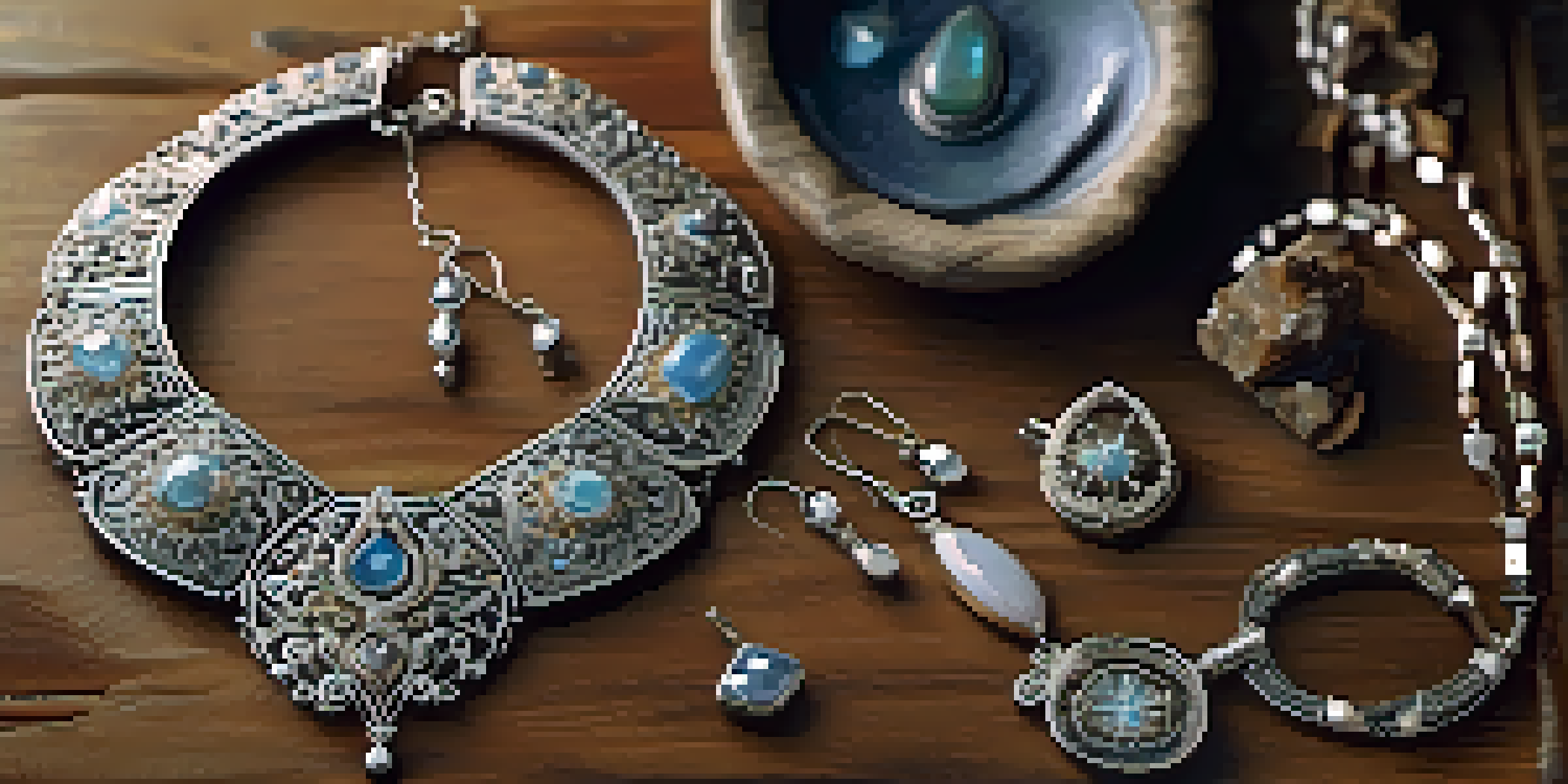 A close-up of a handcrafted silver necklace on a wooden table, showcasing intricate designs and semi-precious stones.