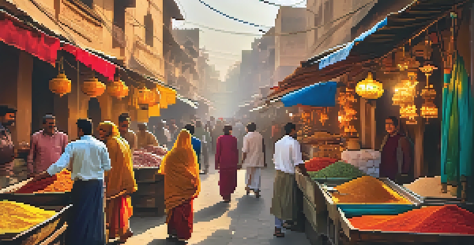 A busy street in Old Delhi with colorful shops and people interacting, illuminated by warm sunlight.