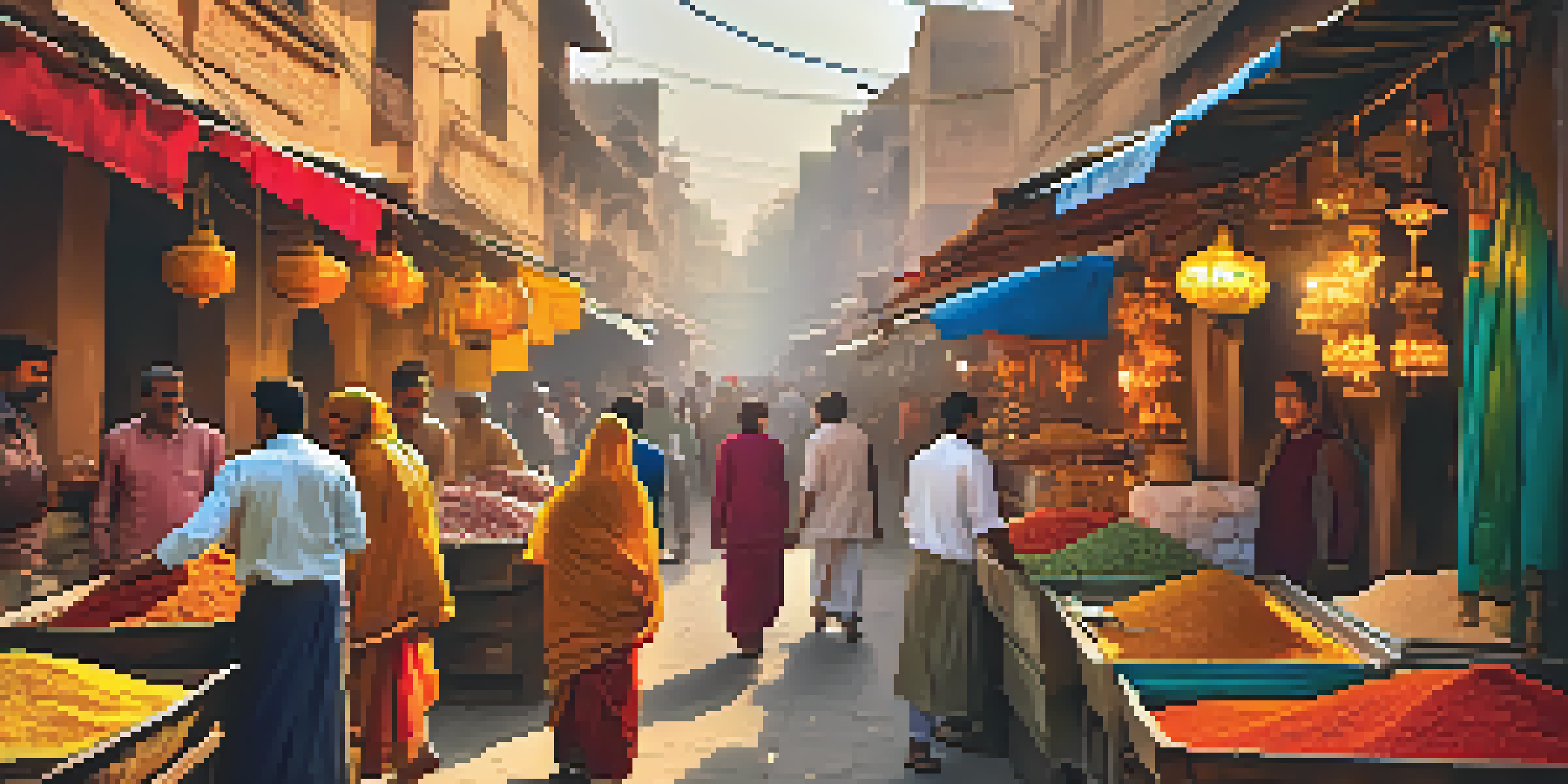 A busy street in Old Delhi with colorful shops and people interacting, illuminated by warm sunlight.