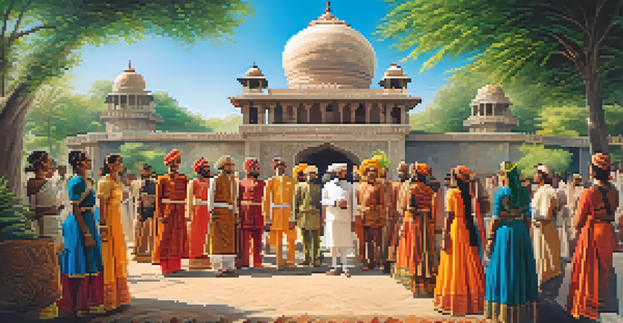 A colorful historical reenactment with participants in traditional attire set against an ancient fort, with lush greenery and bright sunlight.