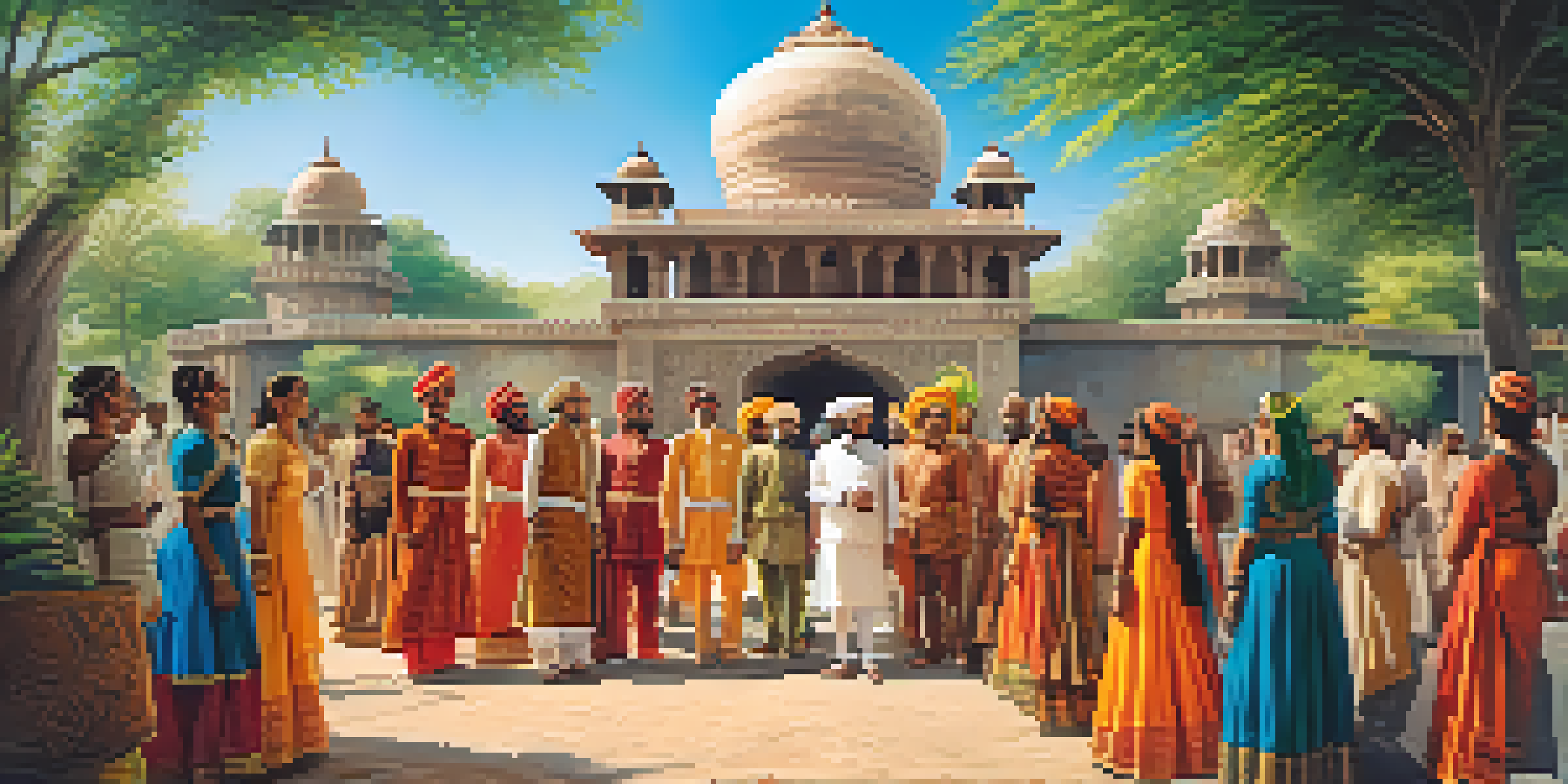A colorful historical reenactment with participants in traditional attire set against an ancient fort, with lush greenery and bright sunlight.