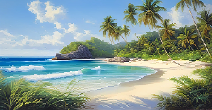 A tranquil tropical beach with white sand and turquoise waters, surrounded by palm trees and under a bright blue sky.