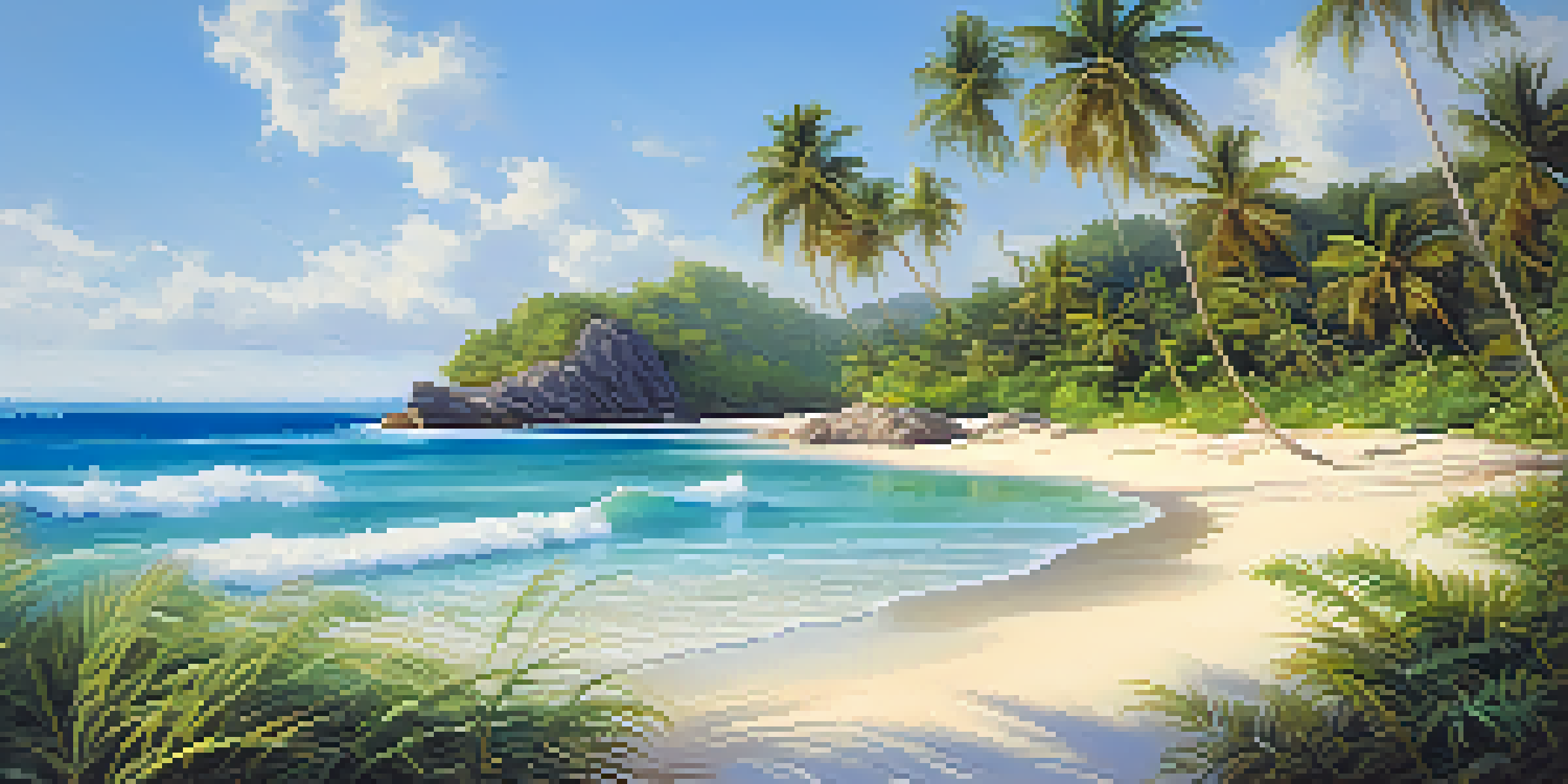 A tranquil tropical beach with white sand and turquoise waters, surrounded by palm trees and under a bright blue sky.