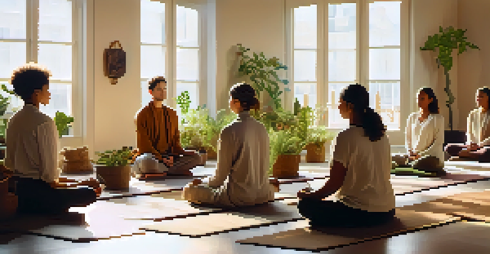 A peaceful meditation workshop with participants sitting cross-legged on mats in a sunlit room filled with plants and candles.