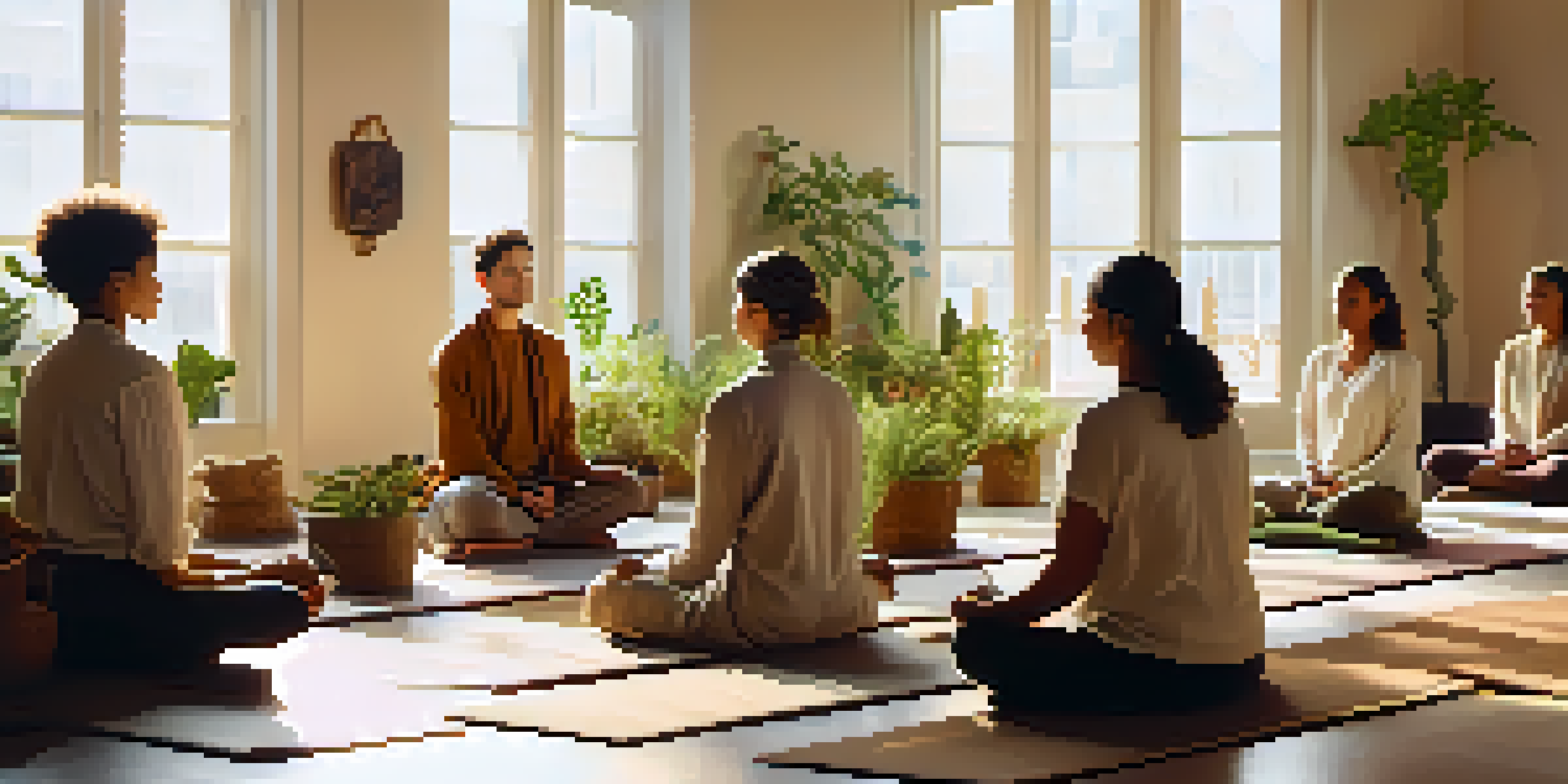 A peaceful meditation workshop with participants sitting cross-legged on mats in a sunlit room filled with plants and candles.