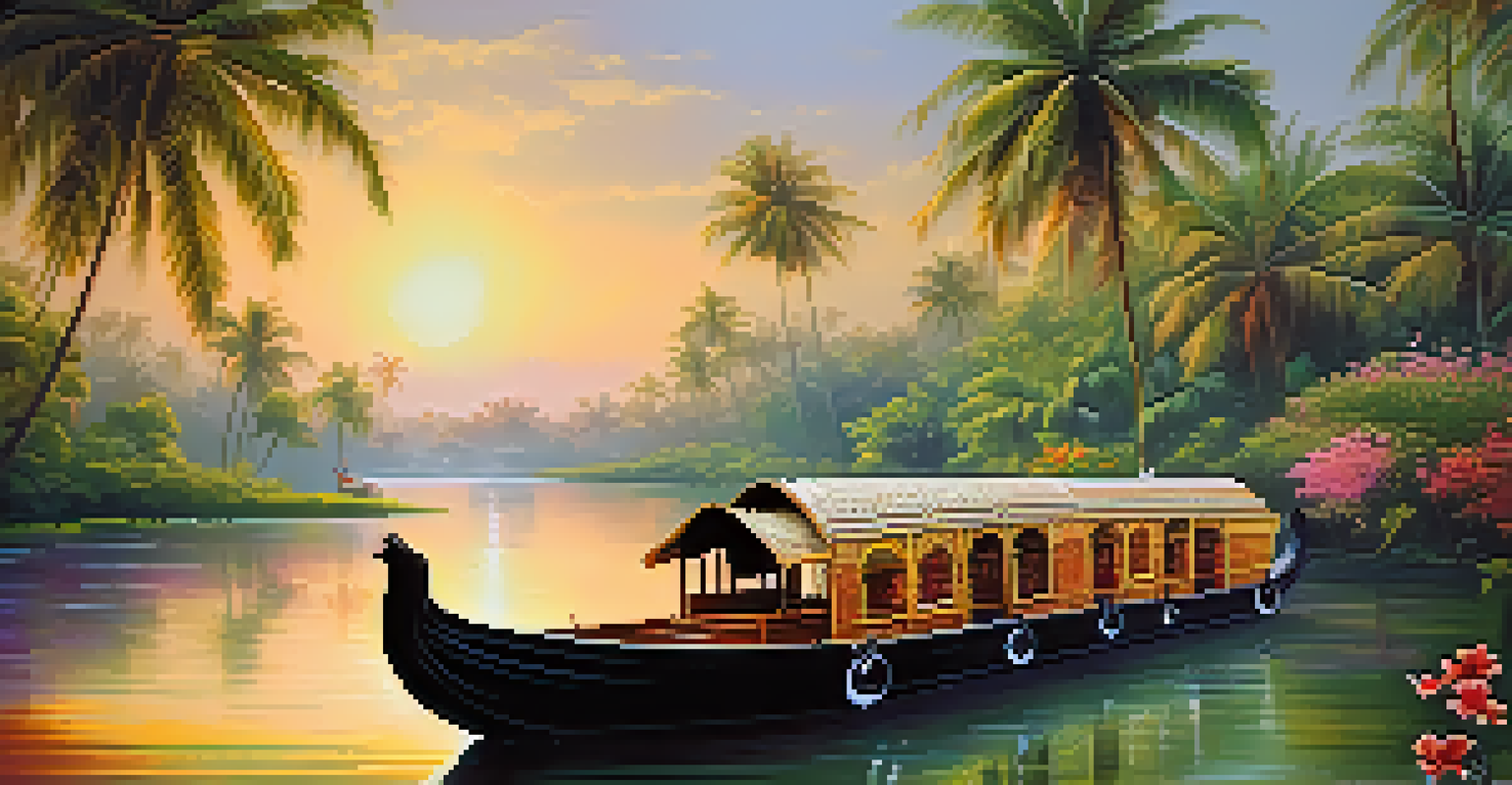 A beautiful view of Kerala's backwaters with traditional houseboats, palm trees, and colorful flowers reflecting a tranquil atmosphere.