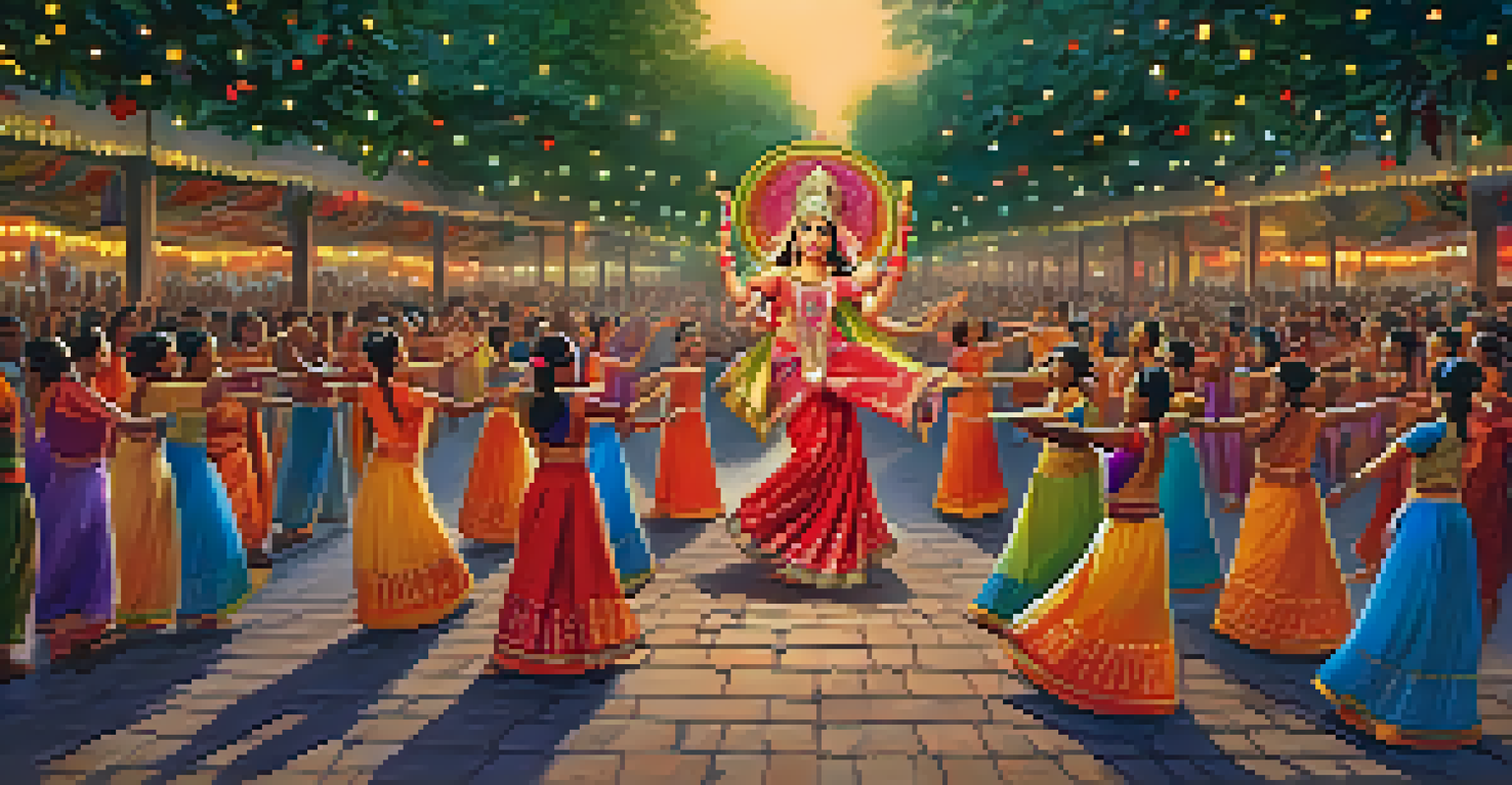 A Navratri celebration with dancers in colorful attire performing Garba around an idol of Goddess Durga, surrounded by fairy lights.