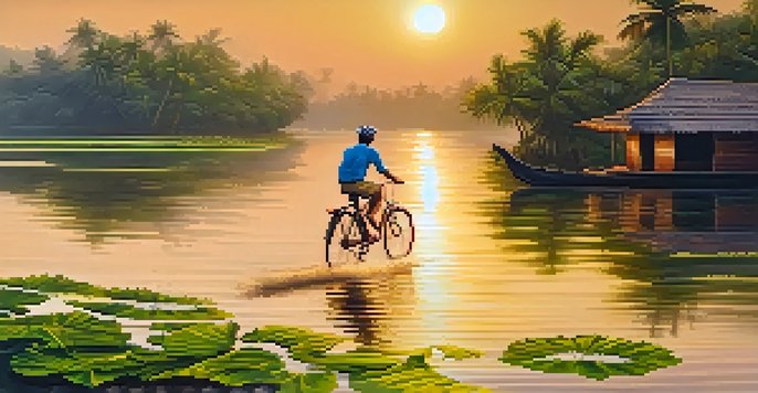 A cyclist riding along Kerala's backwaters with lush greenery and houseboats in the background during sunset.