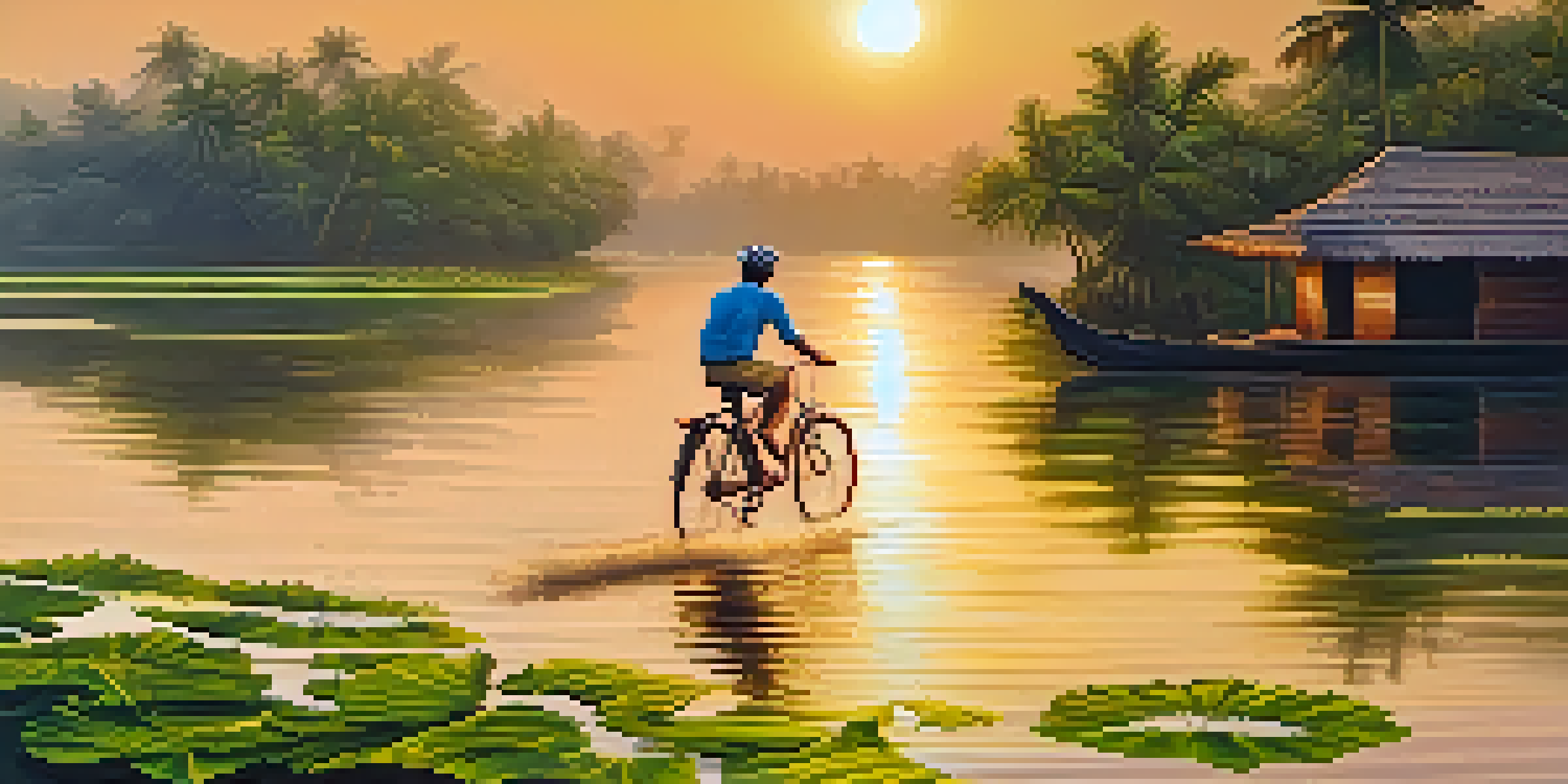 A cyclist riding along Kerala's backwaters with lush greenery and houseboats in the background during sunset.