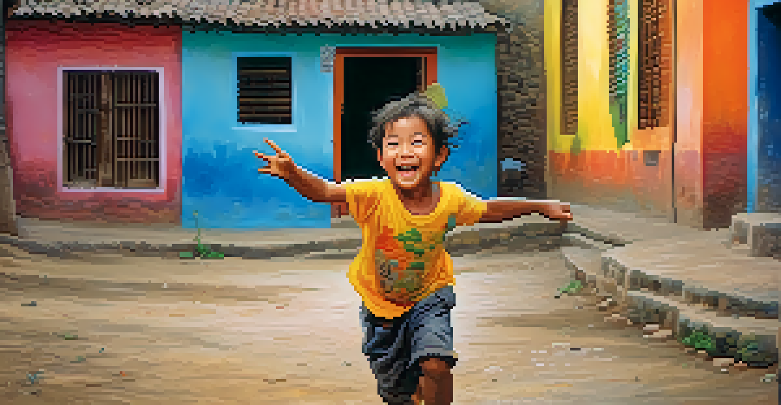 A joyful child playing in a village street, surrounded by colorful murals that reflect the vibrancy of everyday life.