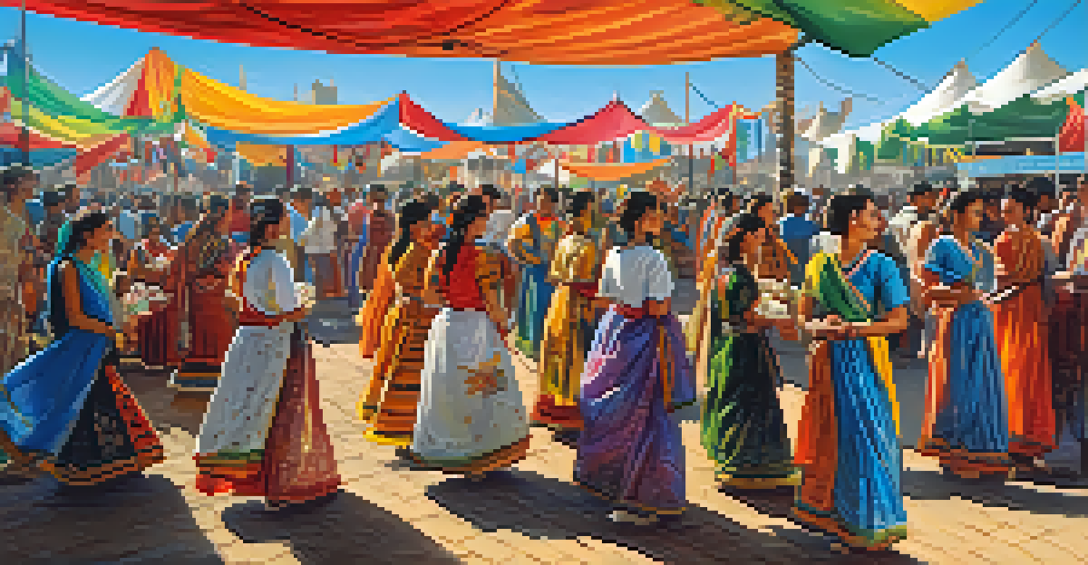 A lively outdoor cultural festival with colorful stalls, people enjoying traditional dances and music under a clear blue sky.
