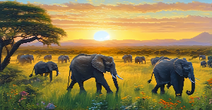 A group of travelers observing elephants in a lush landscape during an eco-conscious safari, with a sunset in the background.