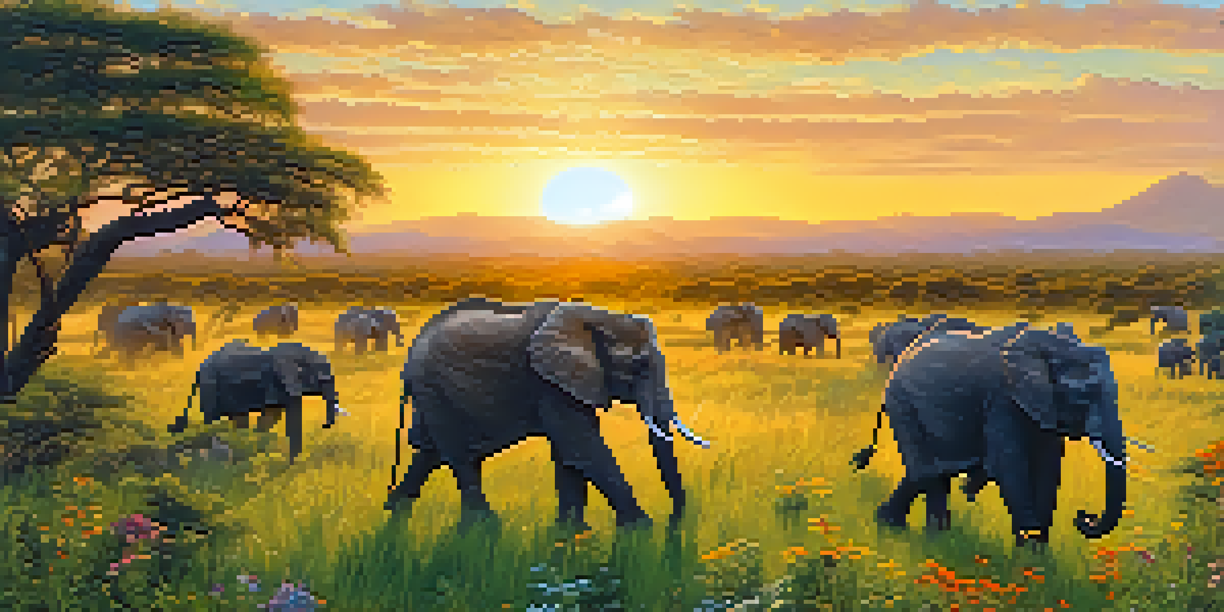 A group of travelers observing elephants in a lush landscape during an eco-conscious safari, with a sunset in the background.