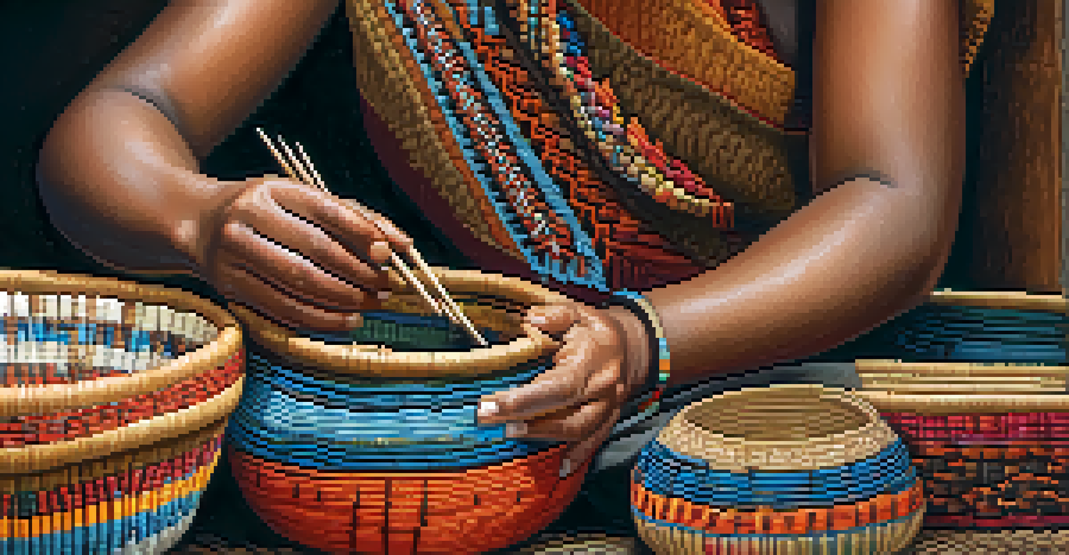 Close-up of an indigenous artisan weaving a colorful basket, showcasing detailed craftsmanship.