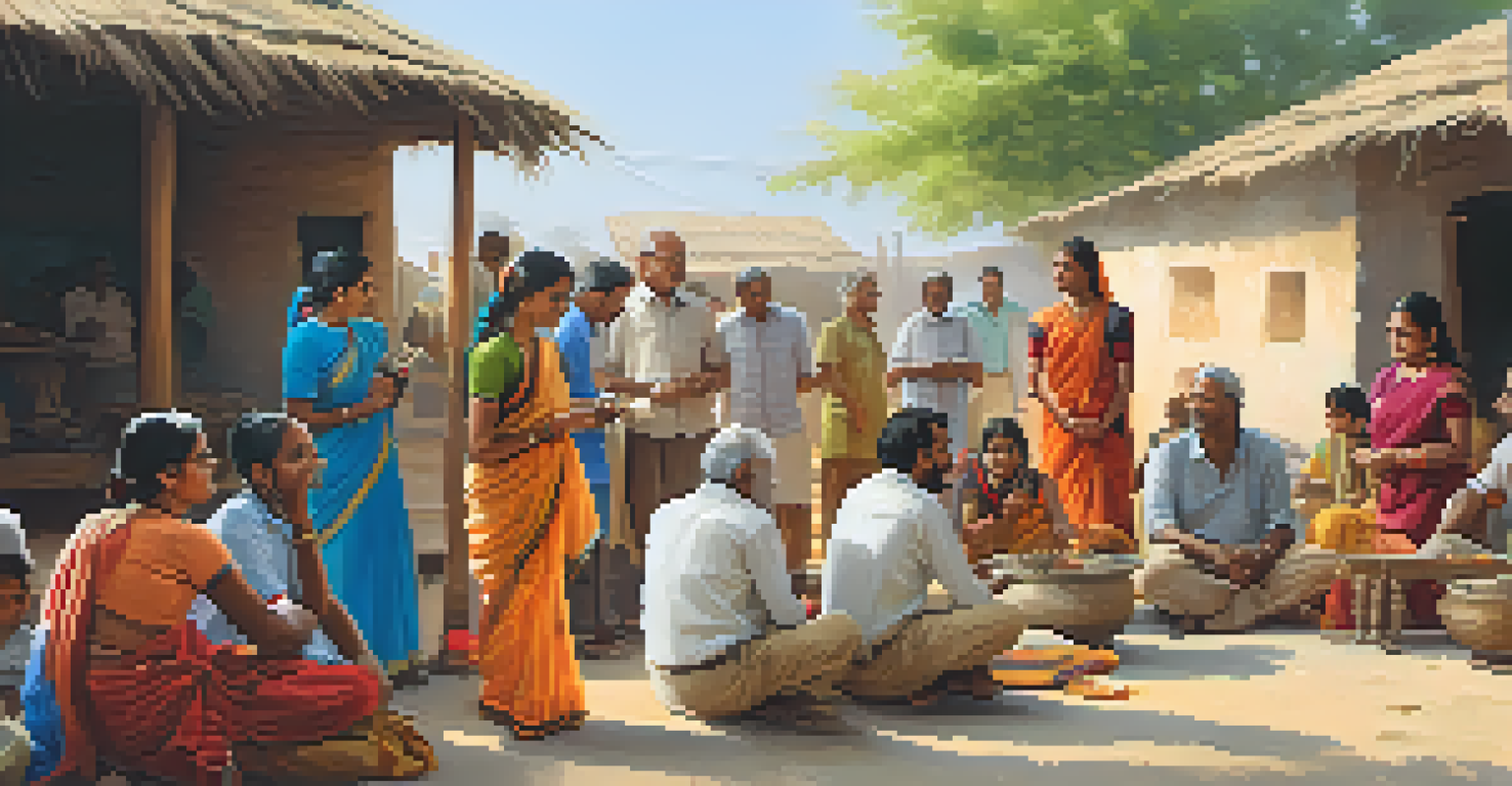 Locals gathered in a rural Indian village, collaborating on heritage trail mapping with traditional crafts displayed around them.