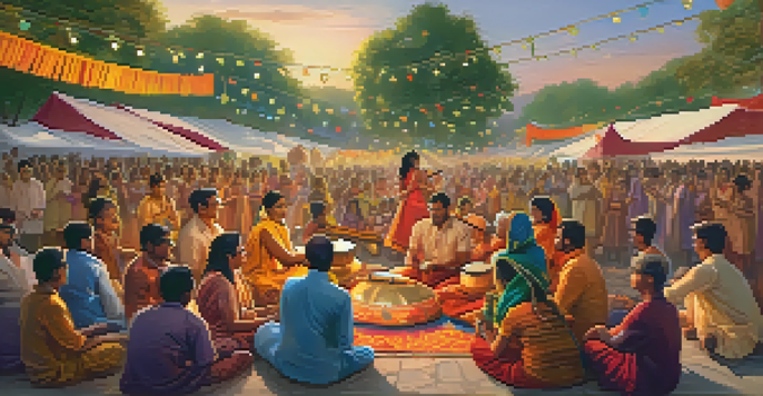 A traditional Indian music festival scene with musicians in colorful clothes and a lively crowd, illuminated by sunset.