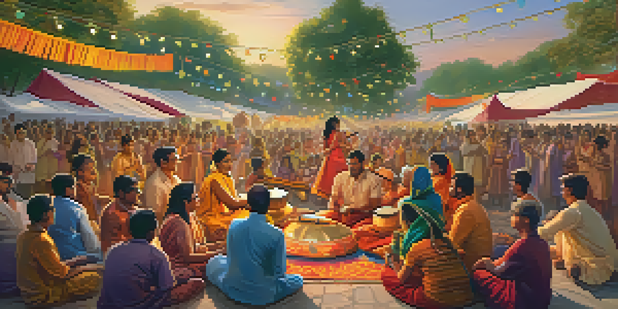 A traditional Indian music festival scene with musicians in colorful clothes and a lively crowd, illuminated by sunset.