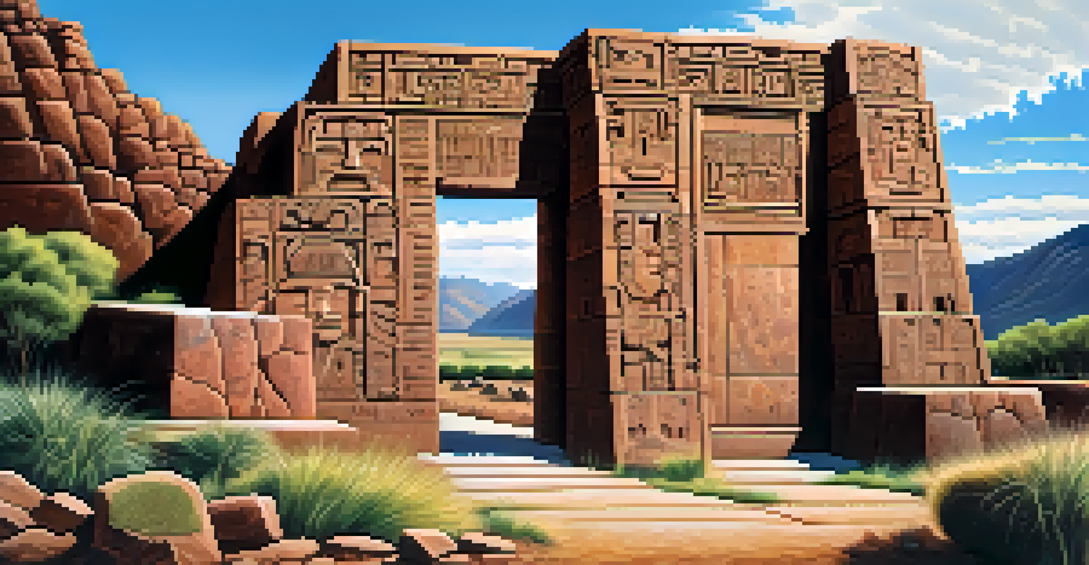 The Gate of the Sun at Tiwanaku, showcasing detailed stone carvings against a bright sky.