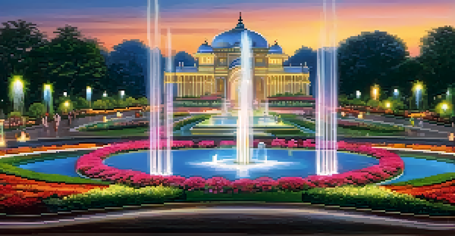 Brindavan Gardens in the evening with colorful flowers, fountains, and families enjoying a musical fountain show.