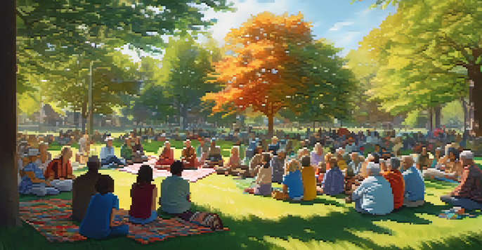 A diverse group of people enjoying a storytelling event outdoors, with an elderly storyteller surrounded by attentive listeners on a sunny day.