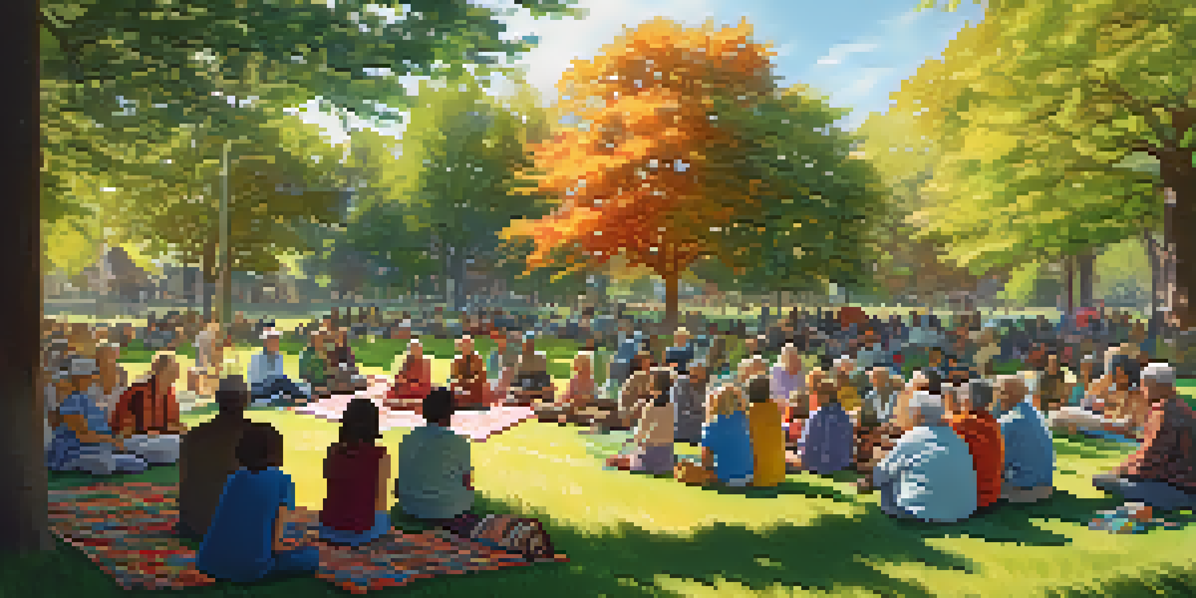 A diverse group of people enjoying a storytelling event outdoors, with an elderly storyteller surrounded by attentive listeners on a sunny day.