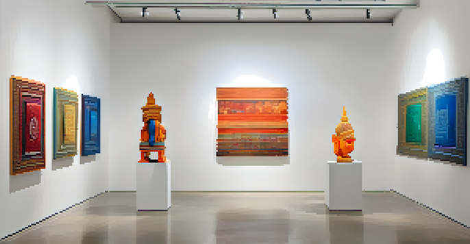 A contemporary art installation displaying mixed media sculptures inspired by Indian culture, illuminated by soft gallery lighting.