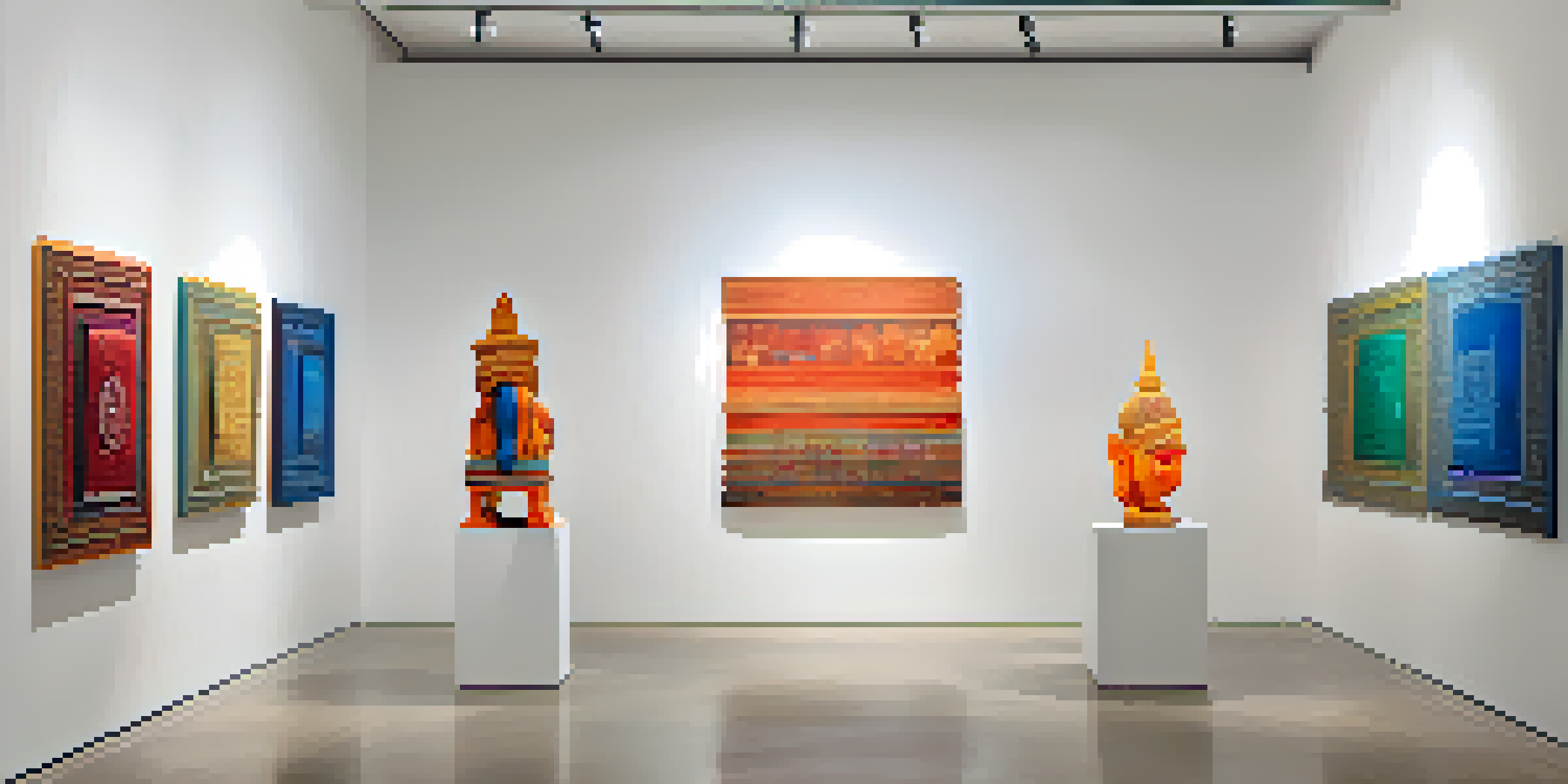 A contemporary art installation displaying mixed media sculptures inspired by Indian culture, illuminated by soft gallery lighting.