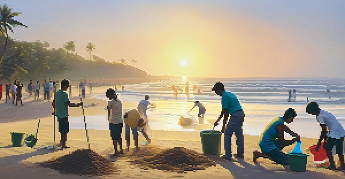 A diverse group of volunteers cleaning a beach in India during sunset, with warm golden hues and local villagers in the background.