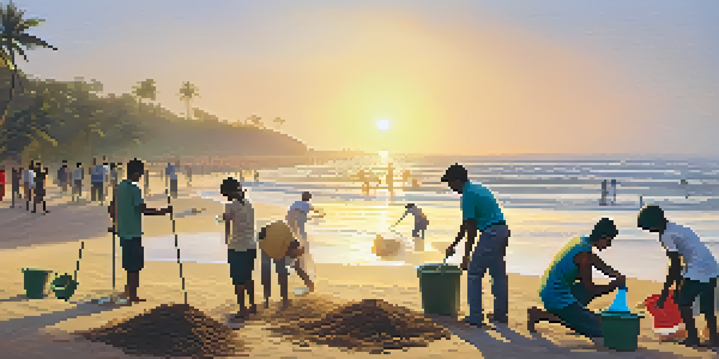 A diverse group of volunteers cleaning a beach in India during sunset, with warm golden hues and local villagers in the background.