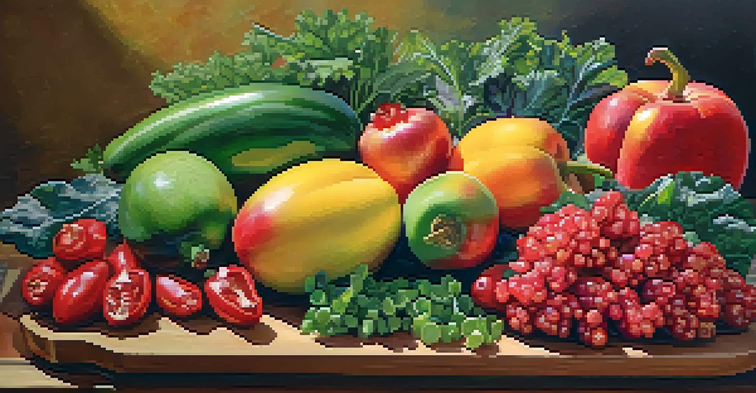 An artistic arrangement of seasonal fresh fruits and vegetables on a wooden platter, illuminated by natural light.