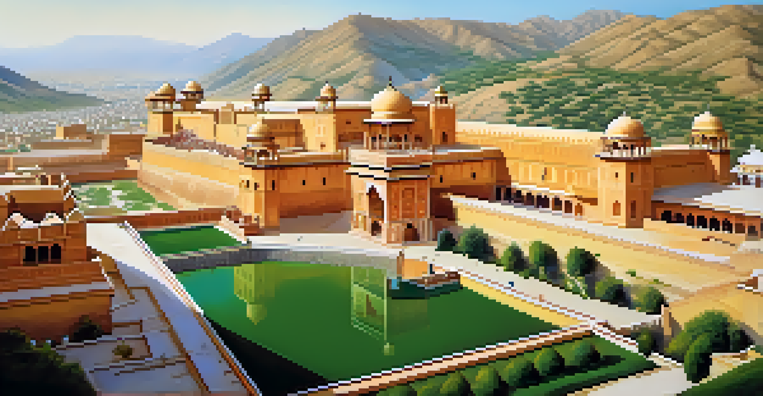 A panoramic view of Amer Fort in Jaipur, showcasing its architecture and surrounding hills.