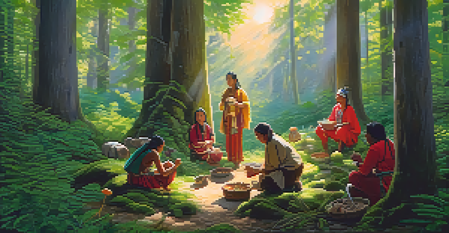 Indigenous people foraging in a forest, gathering wild ingredients with sunlight filtering through the trees.