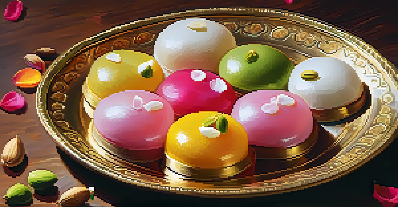 A decorative plate of East Indian sweets, featuring rasgulla and sandesh, beautifully presented.