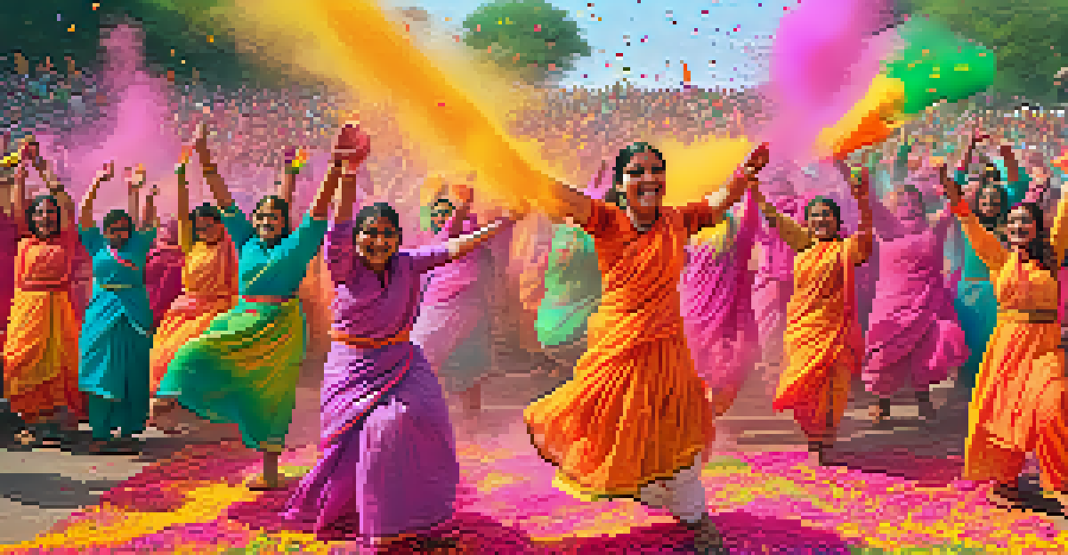 People celebrating Holi by throwing colored powders, with traditional sweets and a vibrant floral backdrop.