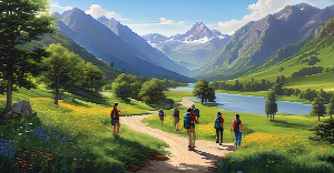 A diverse group of travelers hiking in a lush green valley with mountains and a river under a clear sky.