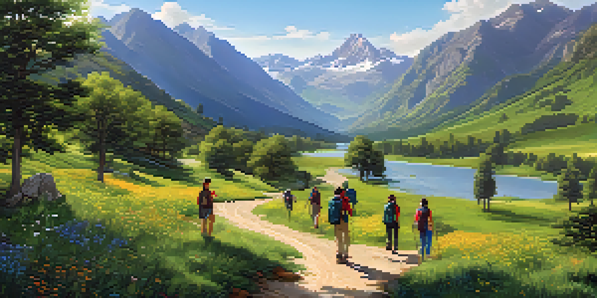 A diverse group of travelers hiking in a lush green valley with mountains and a river under a clear sky.