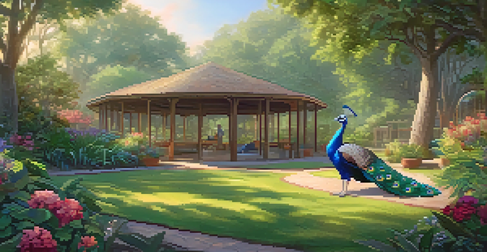 A wildlife rehabilitation center with an Indian Peafowl and a rescued owl in enclosures, surrounded by lush greenery and flowers, illuminated by soft morning light.
