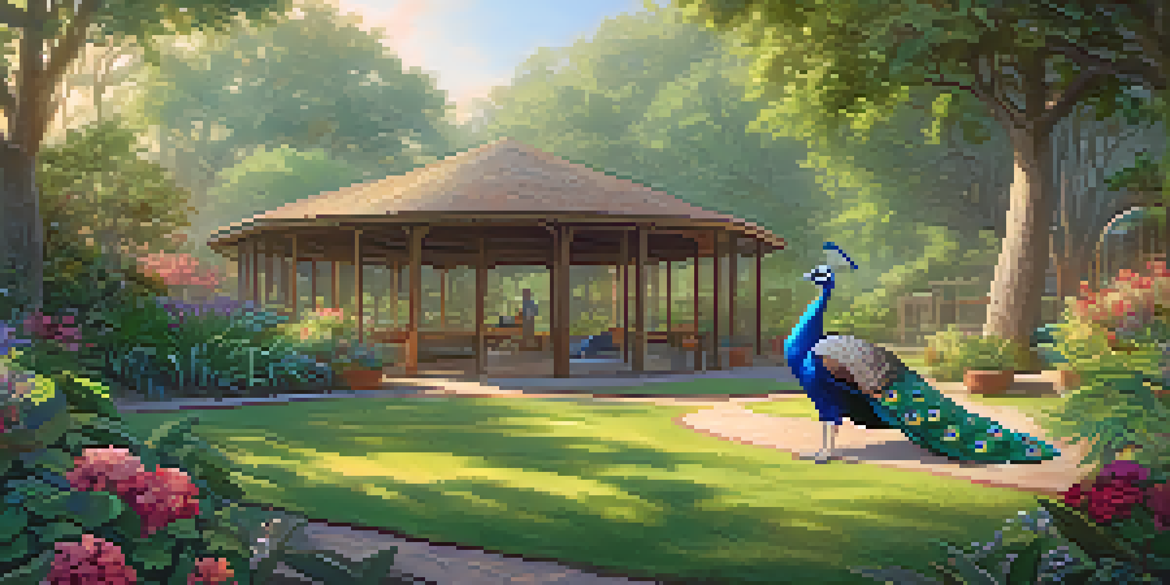 A wildlife rehabilitation center with an Indian Peafowl and a rescued owl in enclosures, surrounded by lush greenery and flowers, illuminated by soft morning light.