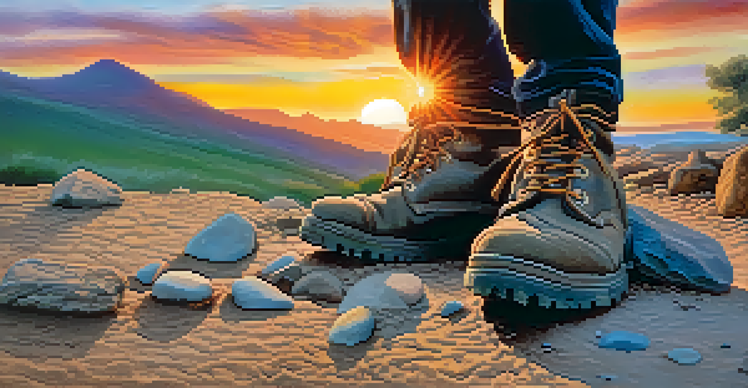 A close-up of a pilgrim's feet on a dusty path, highlighting worn-out hiking boots against a blurred backdrop of a vibrant sacred site.